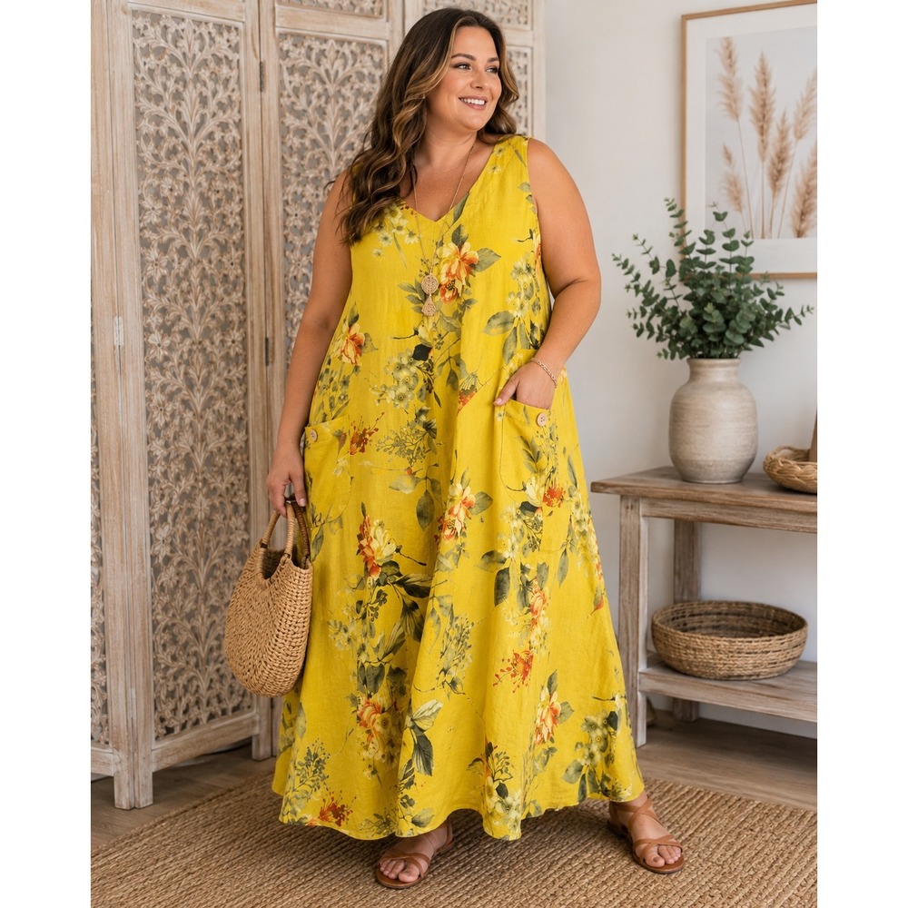 Yellow Floral Linen Maxi Dress V-Neck Sleeveless Boho Pockets Lagenlook 0449